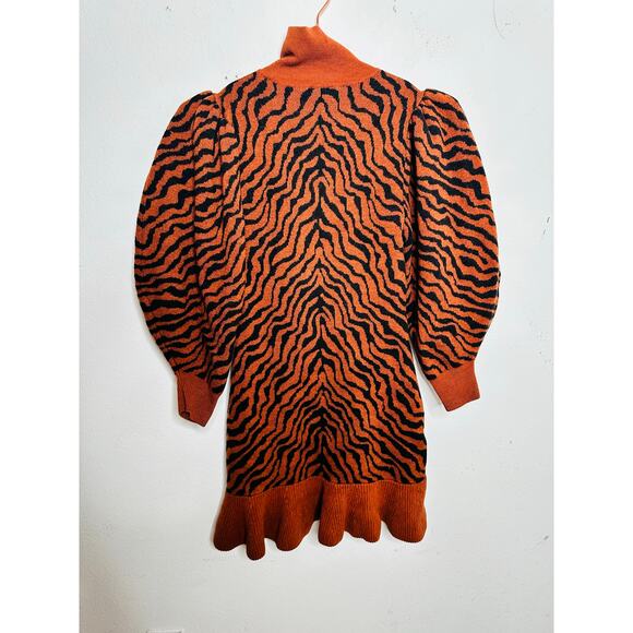 ULLA JOHNSON Red Black Zebra Printed 100% Merino Wool Puff Sleeves Joni Dress M - Picture 11 of 16